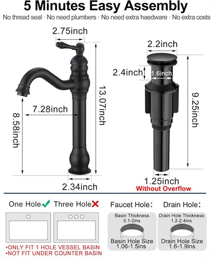 Matte Black Bathroom Faucet, Brass Tall Bathroom Sink Faucet Single Handle, 360 Degree Swivel Vessel Faucet, Bathroom Faucets One Hole with Aerator & Supply Hoses for Shopping Malls Saving Water