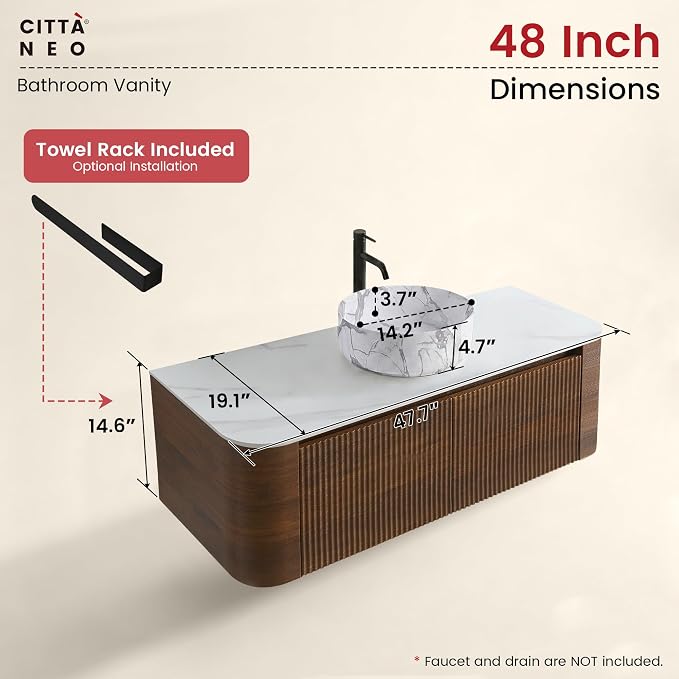 48" Floating Bathroom Vanity with Carrara Finish Sink, Walnut | Pre-Assembled Fluted Wall Mounted Vanity with Ceramic Vessel Sink, Rounded Edges, Soft-Close Drawer & Towel Rack
