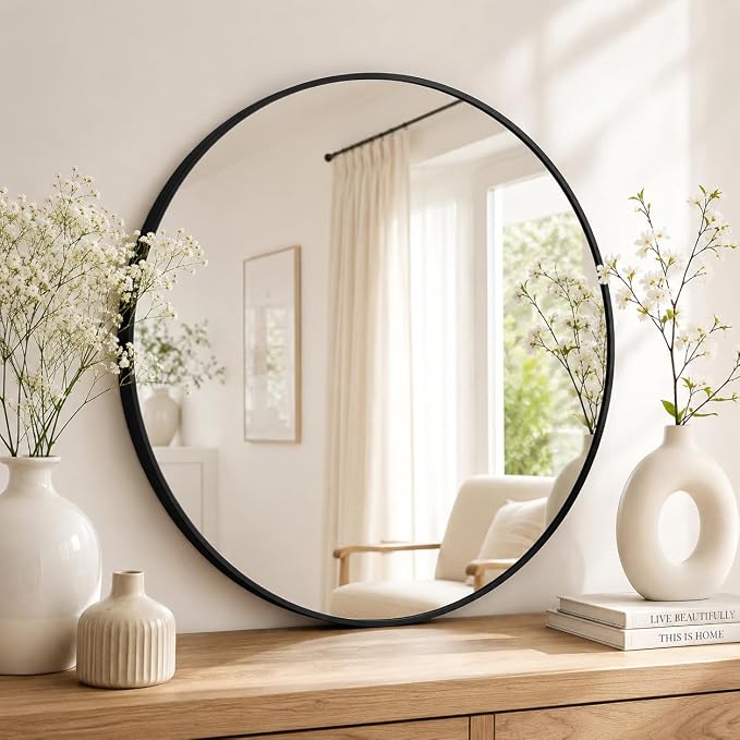 Garvee 20 Inch Round Wall Mirror Black Metal Frame Circle Design Bathroom Decor
