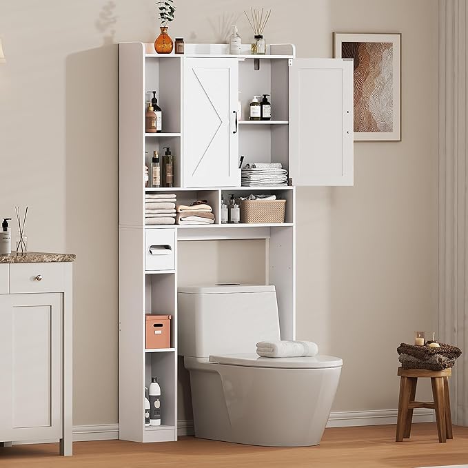 Over the Toilet Storage Cabinet, 31”W Bathroom Organizer with Double Doors, Above Toilet Rack, Detachable Toilet Paper Holder for Bathroom & Laundry Room White