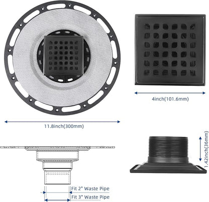 4-Inch Square Shower Drain Kit with Bonding Flange, Matte Black | Removable 304 stainless steel grate with hair strainer; fits 2- and 3-inch pipes for tiled shower floors and wet areas