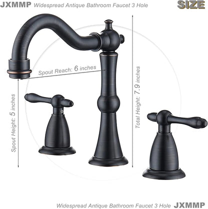 Oil Rubbed Bronze Antique Bathroom Faucet 3 Hole, Widespread 8in Bathroom Sink Faucet with Pop Up Drain and cUPC Supply Hose, Modern 2 Handle Three Hole Bathroom Faucet Bronze JXM3073ORB