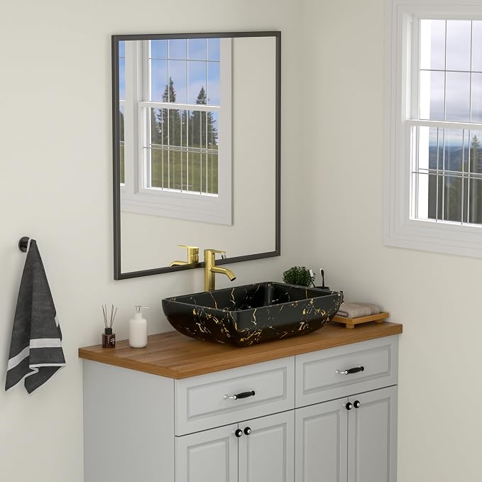 Logmey Rectangle Marble Black Vessel Sink | 23"x15" Ceramic Countertop Bathroom Sink Modern Black Yellow Marble Pattern Porcelain Vanity Sink Lavatory Art Basin
