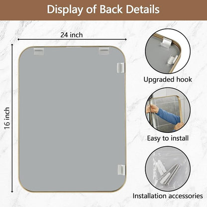 Gold Mirror, 16x24 Inch Framed Rectangle Mirror with Rounded Corner, Brushed Brass Mirror, Gold Bathroom Mirror for Over Sink, Vanity, Living Room, Bedroom, Horizontal/Vertical