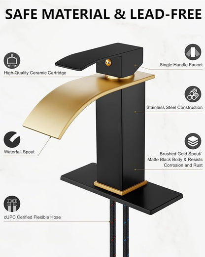 Midanya Bathroom Faucet with Waterfall Spout, Single Hole or 3-Hole Deck Mount, 304 Stainless Steel Sink Faucet with Pop-Up Drain, RV Vanity Compatible,Brushed Gold Spout/Matte Black