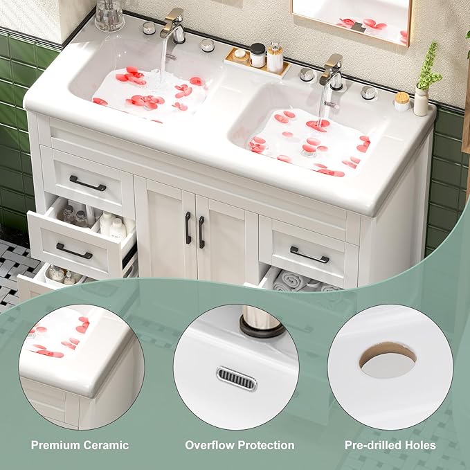 48 Inch Bathroom Vanity with Sink, Bathroom Vanity Cabinet with Doulble Sink, Bath Vanities with 2 Doors and 4 Drawers, White (20" D x 48" W x 36" H)