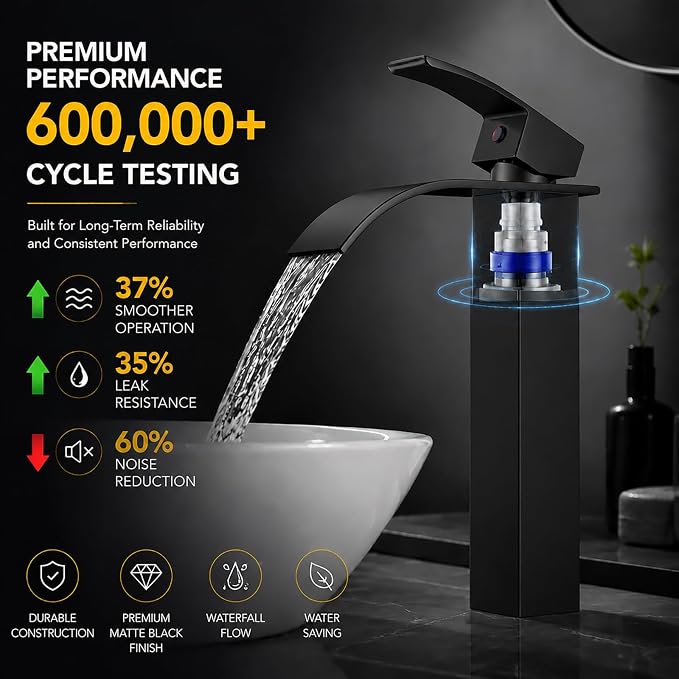 VOTON Vessel Sink Faucet Matte Black Modern Tall Waterfall Bathroom Sink Faucet with Pop-Up Drain Single Handle Bathroom Faucet 1 Hole Bowl Lavatory Vanity Faucet, Rv Sink Camper Farmhouse Faucet