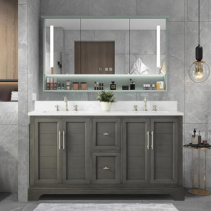 Vanity Art 60 Inch Bathroom Vanity with Double Sink, Silver Grey | Solid Wood, Ceramic Sink, Marble Top, Waterproof Backsplash, Pre-assembled, Soft-close Doors, Ample Storage, Freestanding