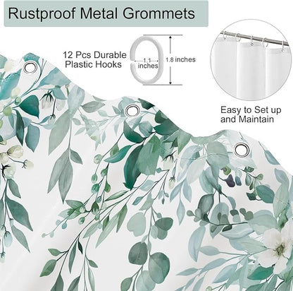 Teal Floral Eucalyptus Shower Curtain with Hooks, 72x72 Inch | Waterproof Fabric, Watercolor Leaves and Floral, Botanical Style, Machine Washable, Quick-Drying, for Hotel Bathroom