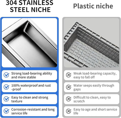 304 Stainless Steel LED Recessed Black Shower Niche 12"x12" Wall-Inserted | Waterproof Rustproof Bathroom Shower Niche Insert No Tile Needed, for Shower & Bathroom Storage