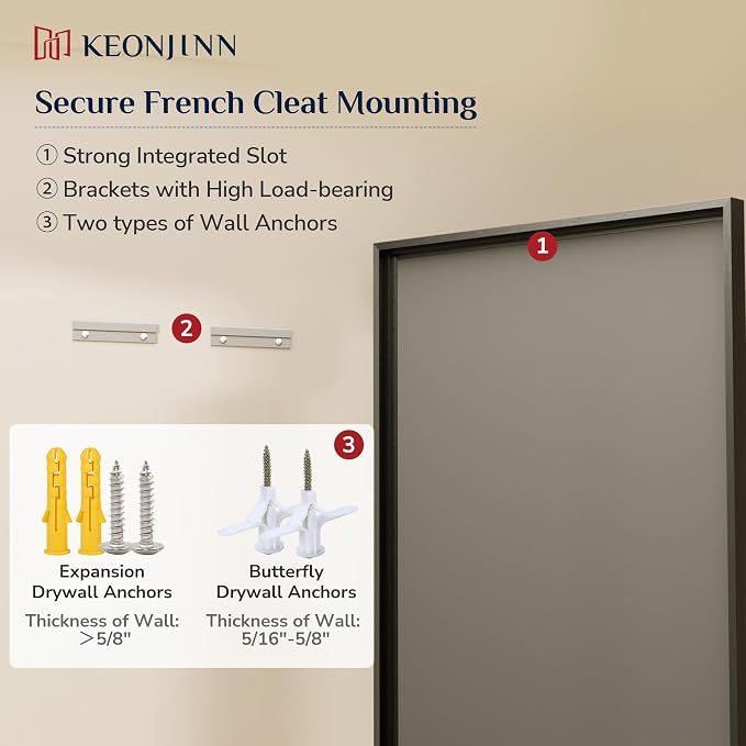 Keonjinn Black Framed Bathroom Mirrors for Over Sink 20" x 30", Aluminum | Safe Tempered Glass, Effortless French Cleat Installation, Clear Reflection, Modern Farmhouse, Black Vanity Mirror for Wall