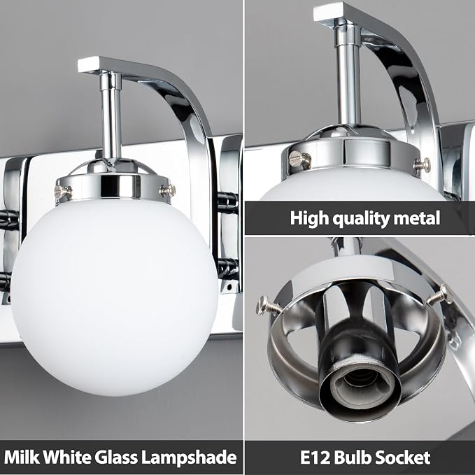 3 Lights Bathroom Vanity Light Fixtures Modern Chrome Vanity Light with Milk White Glass Globe Shade Bathroom Lighting Over Mirror Wall Sconce for Bedroom Living Room Hallway