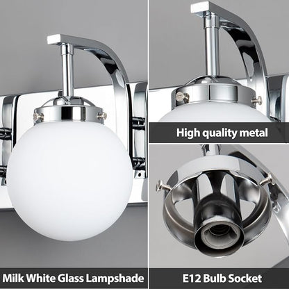 3 Lights Bathroom Vanity Light Fixtures Modern Chrome Vanity Light with Milk White Glass Globe Shade Bathroom Lighting Over Mirror Wall Sconce for Bedroom Living Room Hallway