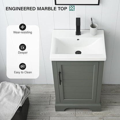 HOMEBEYOND 20 Inch Bathroom Vanity with Single Sink & Ceramic Top, Vanity Cabinet with Center Countertop Basin, Soft-Closing Doors, Vintage Green