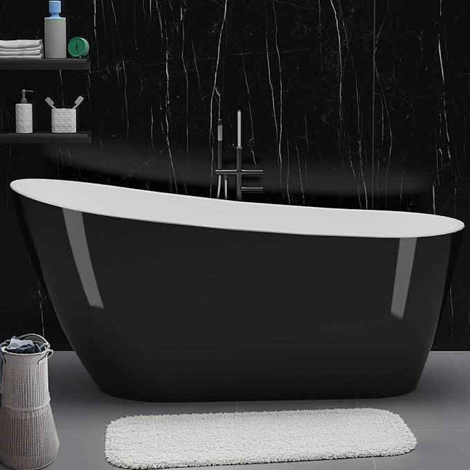 67 inch Freestanding Bathtub, Extra Large Freestanding Bathtub Black & White, Acrylic Stand Alone Tub with Integrated Overflow and Pre-Installed Drain, Free Standing Tub for Home Spa
