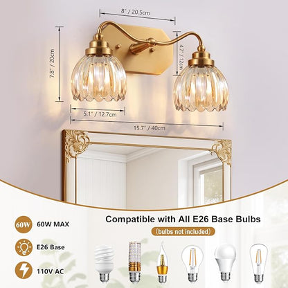 Vintage Gold 2-Light Vanity Lights, Tulip Crystal, Antique Brass Finish | Brushed Gold Bathroom Light Fixtures, Amber Wall Sconce Ideal for Bedroom, Living Room, E26 Compatible, Easy Install