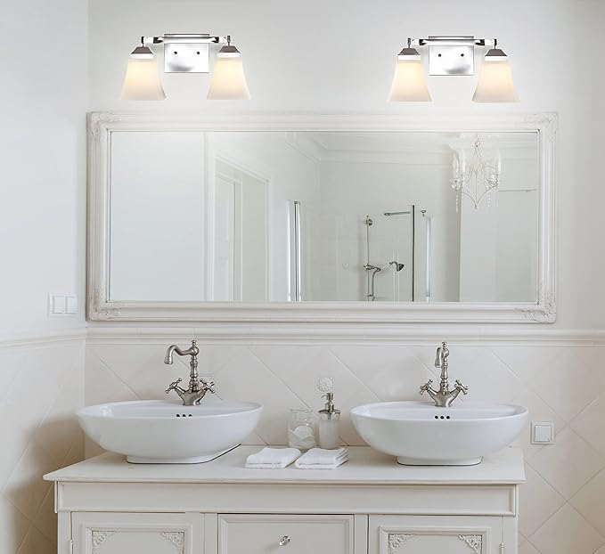 JONATHAN Y 15" Chrome Modern Cottage LED Vanity Light Wall Sconce, Farmhouse Wall Lamp for Bathroom Mirror Kitchen, White Glass Shade, LED Bulb Included (JYL7523B)