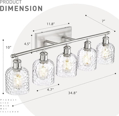 zeyu Modern Brushed Nickel Bathroom Lights Fixture, 35 Inch 5 Light Vanity Lighting Over Mirror, Brushed Nickel Finish with Clear Hammered Glass, ZJF63B-5W BN