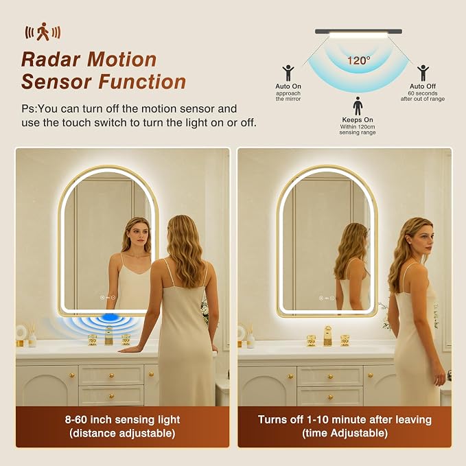 26x40 Inch Arched Gold Framed LED Bathroom Mirror with Lights,Smart Bathroom Mirror,Motion Sensor,Tempered Glass,Anti-Fog,Stepless Dimmable & 3 Colors,Memory,Vanity Mirror for Wall