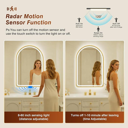 26x40 Inch Arched Gold Framed LED Bathroom Mirror with Lights,Smart Bathroom Mirror,Motion Sensor,Tempered Glass,Anti-Fog,Stepless Dimmable & 3 Colors,Memory,Vanity Mirror for Wall