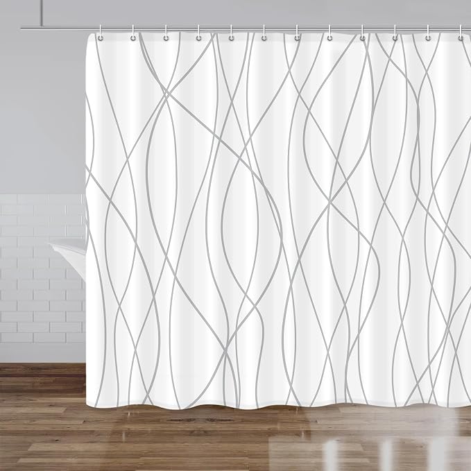 Striped Shower Curtain for Bathroom, Grey White, 96" W x 72" L | with Hooks, Modern Hotel Style, Water Repellent, Washable, Weighted Hem
