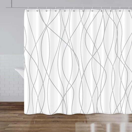 Striped Shower Curtain for Bathroom, Grey White, 96" W x 72" L | with Hooks, Modern Hotel Style, Water Repellent, Washable, Weighted Hem