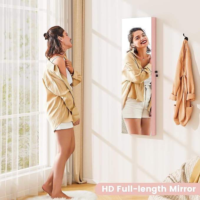 Moccha Wall Door Jewelry Armoire, 47.5" H Full Length Mirrored Jewelry Cabinet with 2 LED Lights and 2 Drawers, Lockable Jewelry Cabinet, Jewelry Organizer Storage for Bedroom (Light Pink)