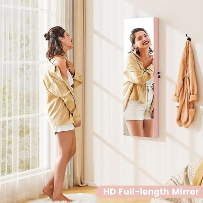 Moccha Wall Door Jewelry Armoire, 47.5" H Full Length Mirrored Jewelry Cabinet with 2 LED Lights and 2 Drawers, Lockable Jewelry Cabinet, Jewelry Organizer Storage for Bedroom (Light Pink)