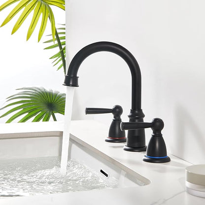 Matte Black Bathroom Faucet 3 Hole, 8-Inch Widespread Bathroom Faucet for Sink 2 Handles Vanity Restroom Faucet with Pop-Up Drain and Supply Hoses, Black