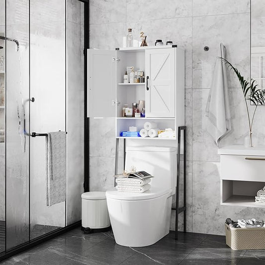 Over The Toilet Storage Cabinet with 2-Door Design Bathroom Organizers and Storage with Anti-Tip Device Over Toilet Organizer with Shelves for Bathroom,Restroom,Laundry White