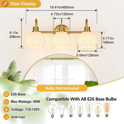 Bathroom Light Fixtures, 3-Light Gold Vanity Light Fixtures with White Tulip Glass Shades, Bathroom Lighting Fixtures Over Mirror for Bedroom, Living Room & Hallway (Bulbs Not Included)
