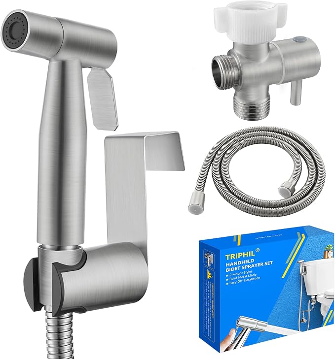TRIPHIL Handheld Bidet Sprayer for Toilet, Adjustable Water Pressure Jet Bidet Attachment with Leak-Proof 304 Stainless Steel T-valve for Bathroom Cleaning, Cloth Diaper/Feminine Wash, Brushed Nickel