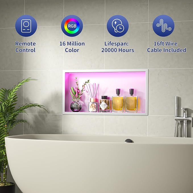 Stainless Led Shower Niche 24"x12" Brushed RGB Light No Tile Needed | 304 stainless steel shower niche,recessed dimmable niche shower,Led driver & remote control included,dropped in niche