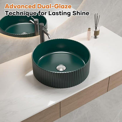 15.7" Dark Green Round Fluted Ceramic Vessel Sink | Modern Minimalist Fluted Design, Durable Premium Ceramic, Smooth Glaze Easy To Clean, Deep Basin Prevents Water Splashes
