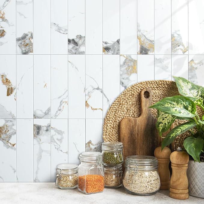 AULIGET 4-Piece Polished White Marble with Gold Peel and Stick Backsplash Wall Tiles, 3" x 12" PVC Faux Stone Stick on Tiles for Backsplash Kitchen, Bathroom, Laundry Room, Camper, Fireplace
