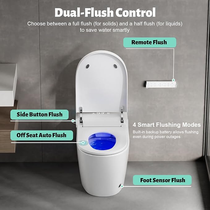 Smart Toilet with Bidet Built in, Dual Flush, Foam Shield, Manual Lid | Night Light, Heated Seat, Foot Sensor Flush, UV Self Clean, Instant Warm Water, Tankless Elongated Toilet, ADA for Bathroom