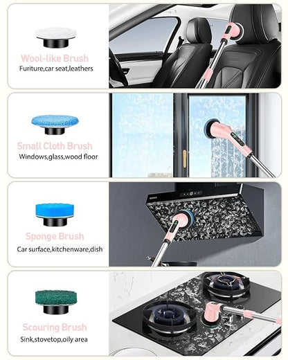 Electric Spin Scrubber for Bathroom, Shower Scrubber with Long Handle | Shower Cleaner Brushes, IPX7 Waterproof & 2 Speed, 8 Brush Heads, 90min Runtime, Bathroom Cleaning Supplies for Toilet Tub