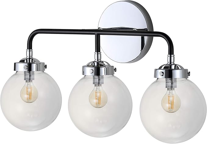 JONATHAN Y 22" Chrome/Black 3-Light LED Wall Sconce Vanity Lighting, Clear Glass Globe Shade Modern Contemporary Sconce for Bathroom Mirror, Hallway, UL Listed (JYL9058A)