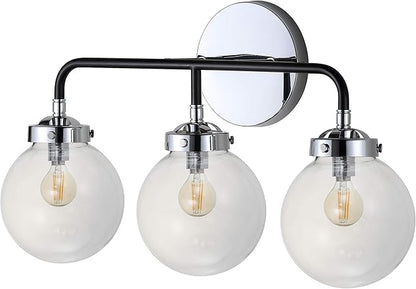 JONATHAN Y 22" Chrome/Black 3-Light LED Wall Sconce Vanity Lighting, Clear Glass Globe Shade Modern Contemporary Sconce for Bathroom Mirror, Hallway, UL Listed (JYL9058A)