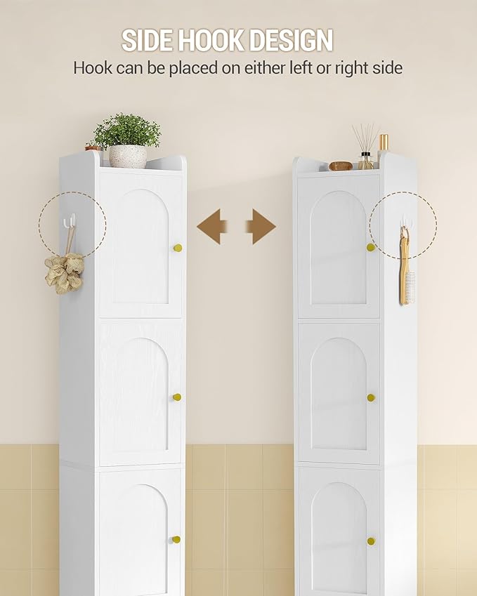 Bathroom Storage Cabinet, Tall Corner Floor Cabinet with 4 Doors and Adjustable Shelf, Narrow Toilet Paper Cabinets, Bathroom Organizer for Small Spaces, 11" D x 11" W x 70.9" H White