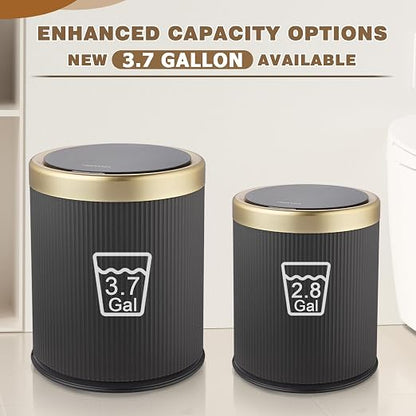 Motion Sensor Trash Can with Lid,Touchless Sensor Bathroom Trashcan | 3.7 Gallon Dog Proof Smart Sensor Wastebasket,Diaper Trash Bin,Plastic Garbage Can for Bedroom,Office,Kitchen-Black and Gold