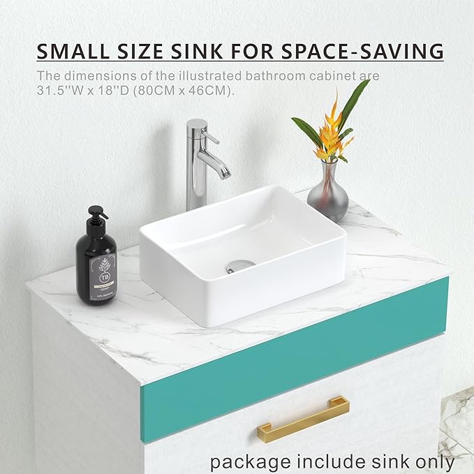 J-FAMILY 14.5'' x 10.6'' Small Vessel Sink Bathroom Above Counter White Porcelain Ceramic Rectangular Sink Bowl Small Vanity Sink Lavatory Wash Hand Basin