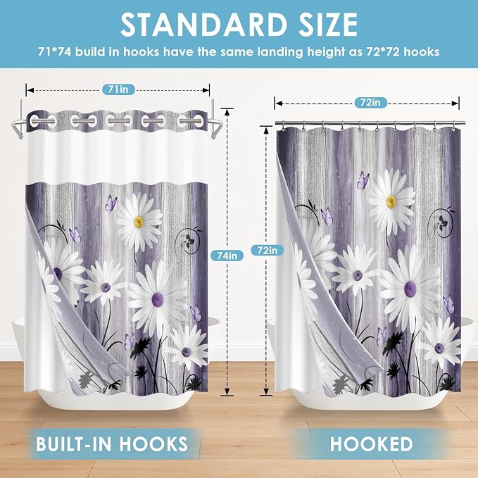 No Hook Shower Curtain with Snap in Liner 71x74 Inch Flower Daisy | Purple Wooden Boards Modern Double Layers Waterproof Fabric with See Through Top Window Open Grommet Bath Curtain