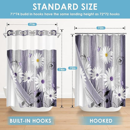 No Hook Shower Curtain with Snap in Liner 71x74 Inch Flower Daisy | Purple Wooden Boards Modern Double Layers Waterproof Fabric with See Through Top Window Open Grommet Bath Curtain