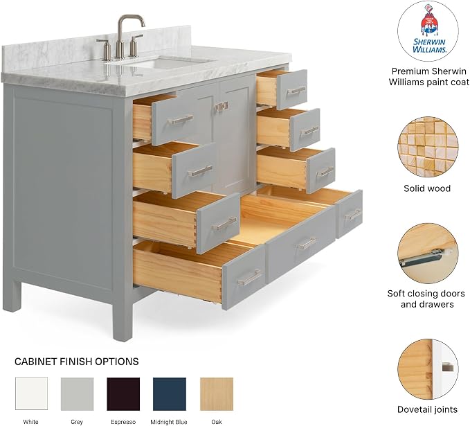 DKB Beckford 54-Inch Grey Bathroom Vanity with 1.5-Inch Edge Italian Carrara Marble Countertop & Backsplash, Center Rectangular Sink, 2 Soft Closing Doors, 9 Dovetail Drawers, Brushed Nickel