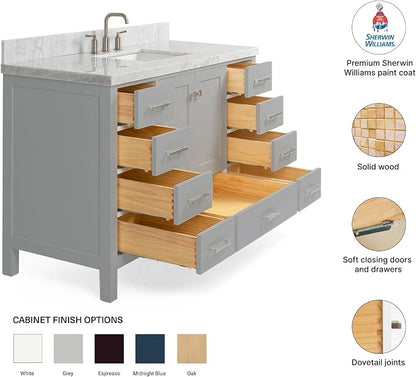 DKB Beckford 54-Inch Grey Bathroom Vanity with 1.5-Inch Edge Italian Carrara Marble Countertop & Backsplash, Center Rectangular Sink, 2 Soft Closing Doors, 9 Dovetail Drawers, Brushed Nickel