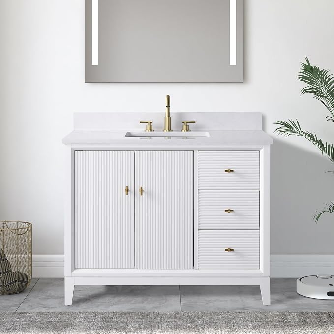 Vanity Art 42" Bathroom Vanity with Single Sink & Arabescato White Engineered Stone Top, Vanity Cabinet with Soft Closing Door, Solid Wood Frame, Golden Brushed Handles, White VA8142-W-GB