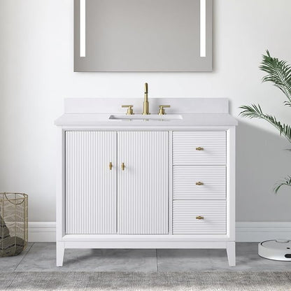 Vanity Art 42" Bathroom Vanity with Single Sink & Arabescato White Engineered Stone Top, Vanity Cabinet with Soft Closing Door, Solid Wood Frame, Golden Brushed Handles, White VA8142-W-GB