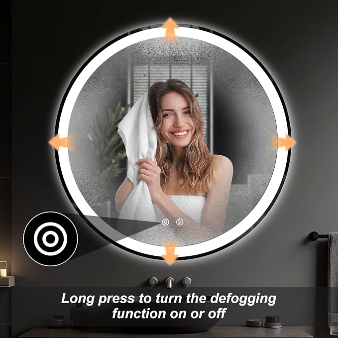 NEWBULIG 36'' Round LED Bathroom Mirror with Lights, Circle Vanity Mirror | Anti-Fog, Dimmable, 3-Color Light, Front Light and Backlit, Memory Function, Tempered Glass