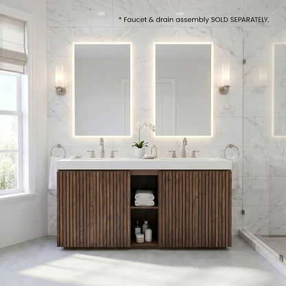 60" Double Bathroom Vanity with Sink (8" Widespread Faucet Holes Predrilled), Mid Century Modern Bathroom Cabinet with 4 Doors & Shelves, White Integrated Sink with Overflow, Walnut
